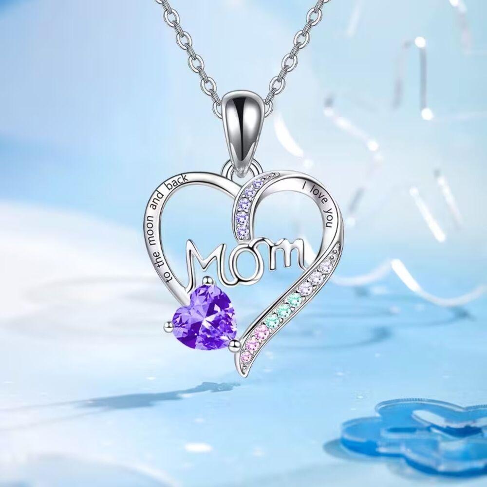 Mom Silver Purple Rhinestone Heart Pendant Necklace Drop Charm Crystal Gemstone